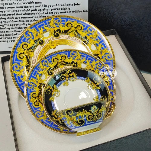 ALDO Home & Kitchen>Dinner Set Blue Black and Gold 4 Piece set with Khaki Cup Luxury Versace  Style Fine Porcelain Dinner Plates and CoffeeTea Sets