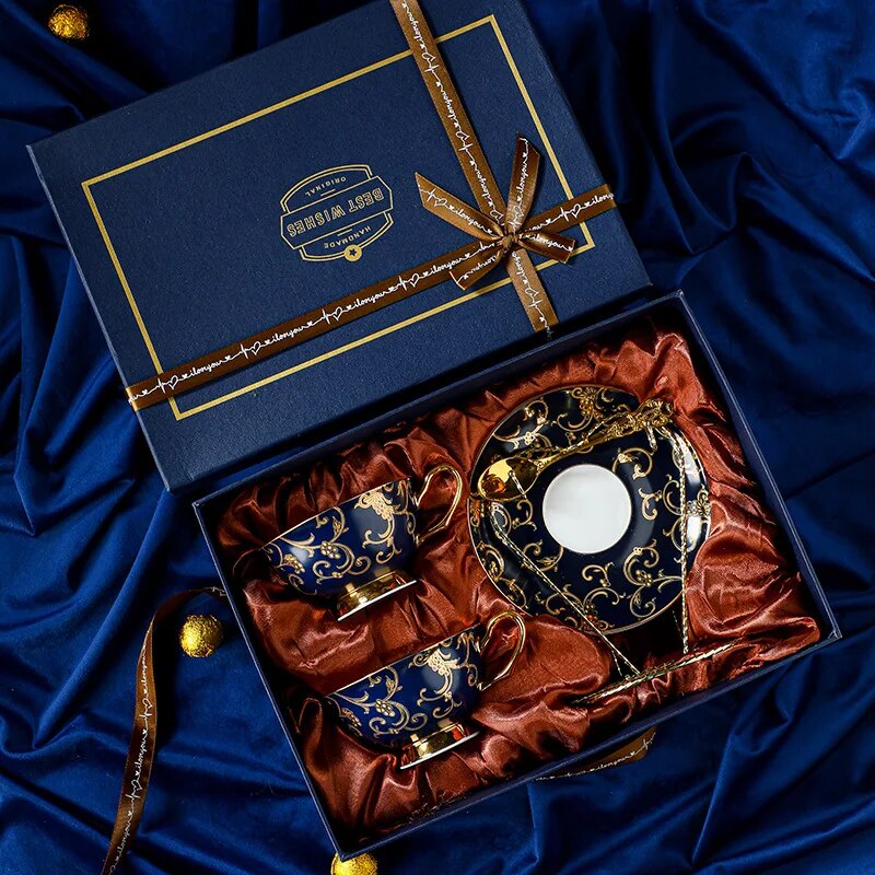 ALDO Home & Kitchen>Dinner Set Luxurious Royal Palace Style Classic Coffee and Tea Set Blue Hand Made Bone China Porcelain Real Gold Leaf Set for Two