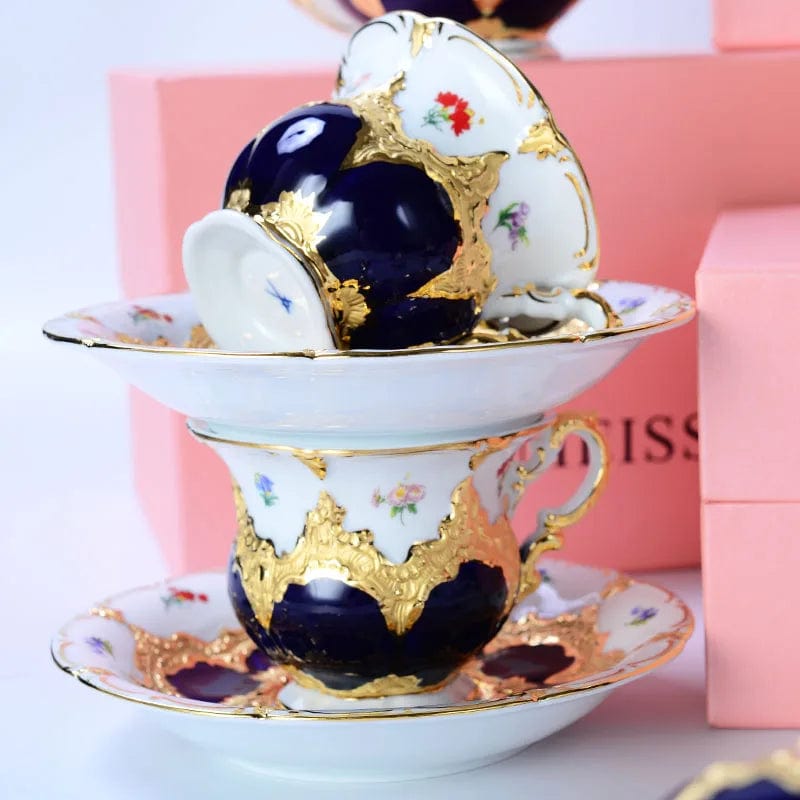 ALDO Home & Kitchen>Dinner Set>Tableware> Drinkware/ Royal Cort Luxury  Style Fine Porcelain 24 K Gold Plated Blue and White Coffee Tea sets