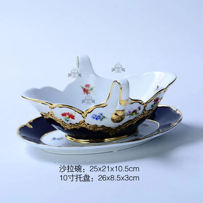 ALDO Home & Kitchen>Dinner Set>Tableware> Drinkware/ Salad bowl with Tray Royal Cort Luxury  Style Fine Porcelain 24 K Gold Plated Blue and White Coffee Tea sets