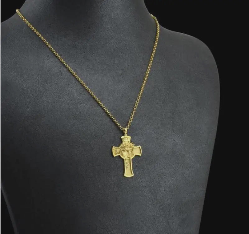 ALDO Jewelry Cross With  Jesus Head and Crown of Thorns Amulet Medal Pendant Necklace for Men and Women