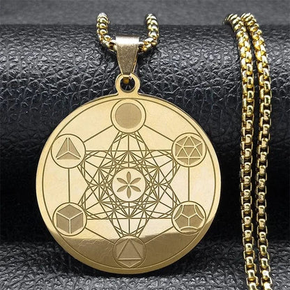 ALDO Jewelry Gold Round Diameter 60 Cm Yoga Sacred Geometry Metatron Cube Angel Seal Necklace Pendant Good Health Protection and Great Fortune for Woman