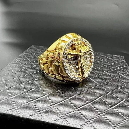 ALDO Jewelry Ring with Cross and Jesus Crist and Rhinestones Gold Color Amulet for Men