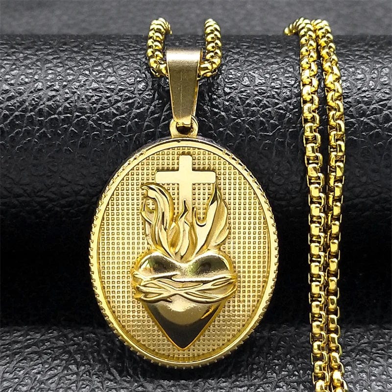 ALDO Jewelry Vintage Christian Sacred Heart of Jesus Cross  Stainless Steel Amulet Pendant Necklace for Protection Men and Women