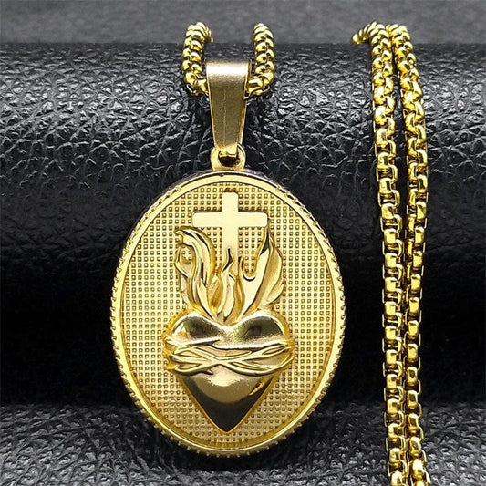 ALDO Jewelry Vintage Christian Sacred Heart of Jesus Cross  Stainless Steel Amulet Pendant Necklace for Protection Men and Women