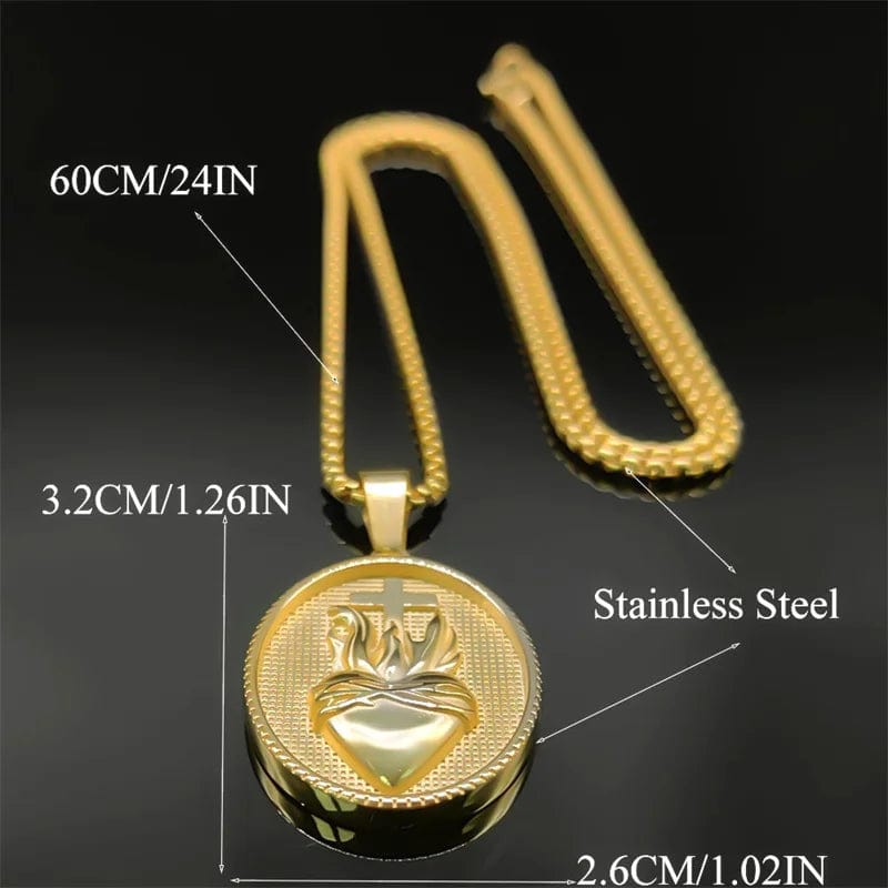 ALDO Jewelry Vintage Christian Sacred Heart of Jesus Cross  Stainless Steel Amulet Pendant Necklace for Protection Men and Women