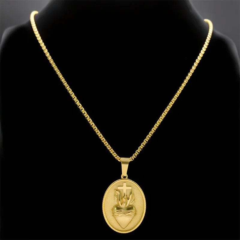 ALDO Jewelry Vintage Christian Sacred Heart of Jesus Cross  Stainless Steel Amulet Pendant Necklace for Protection Men and Women