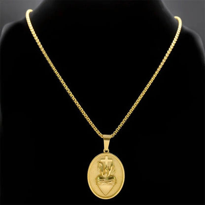 ALDO Jewelry Vintage Christian Sacred Heart of Jesus Cross  Stainless Steel Amulet Pendant Necklace for Protection Men and Women