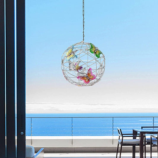 ALDO Lighting > Lighting Fixtures > Ceiling Light Fixtures 3.6" Inches  Round Bowl x 21.65" Cord length Inches / new / metal Sculptural Chandelier Garden Hanging Solar Light Round Waterproof Metal Ball With Butterfly