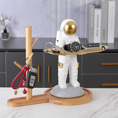 ALDO Tables > Accent Tables 10.5" H.  x 13.6" L  x 7 " W / new / resin Astronaut Apollo 11 Butler Standing on the Moon Sculptural Statue with Metal Tray and Wood Shelf