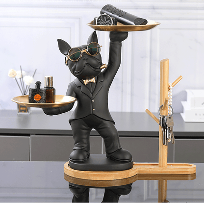 ALDO Tables > Accent Tables 12.9" H.  x 12" L  x 9 " W / new / resin French Bulldog Butler Sculptural  Statue with Metal Tray and Wood Shelf
