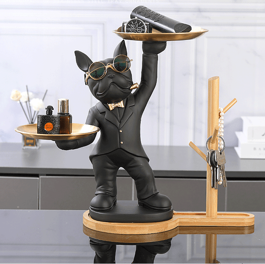 ALDO Tables > Accent Tables 12.9" H.  x 12" L  x 9 " W / new / resin French Bulldog Butler Sculptural  Statue with Metal Tray and Wood Shelf